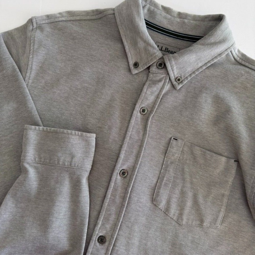 L.L.Bean Mens‎ Knit Long Sleeve Slightly Fitted Button Up Shirt - Sz L - Gray
